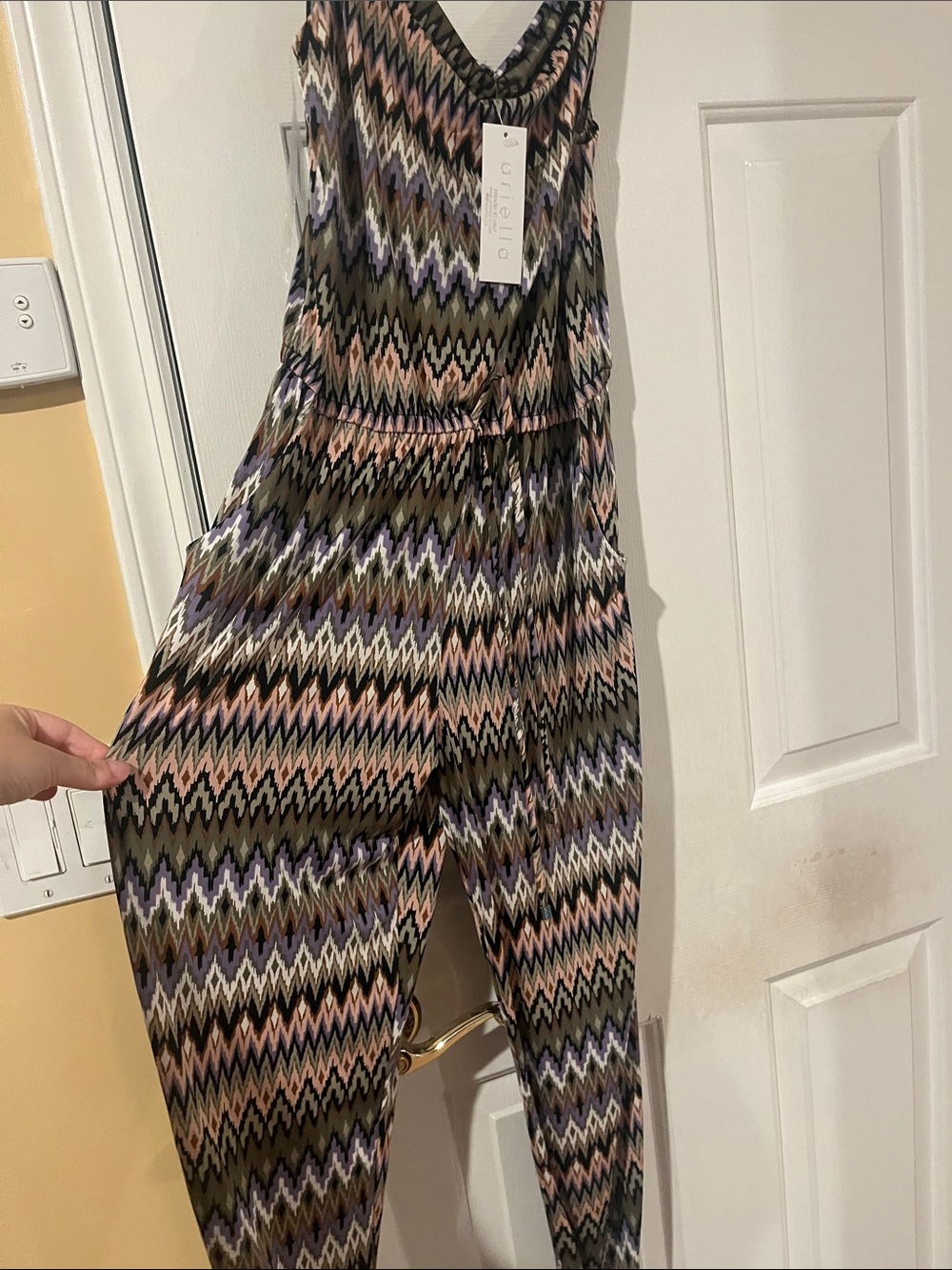 Ariella Chevron-Print Sleeveless Jumpsuit in Olive, Pink & Lavender